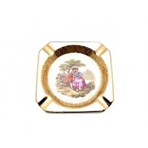 C.P. Limoges Porcelain Ashtray with Fragonard Romantic Scene, Gold Gilt, France
